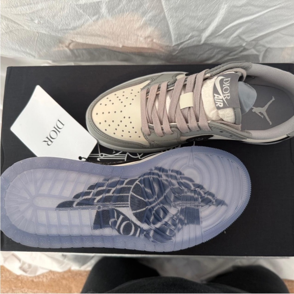 Dior x Air Jordan 1 Low Sneakers - gray & white leather w/Dior MM navy Swoosh. - Picture 6 of 9
